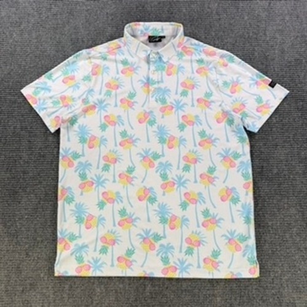 Sunday Swagger Mens Large Golf Polo Shirt Pineapple Palm Tree Tropical White Top - Picture 2 of 12